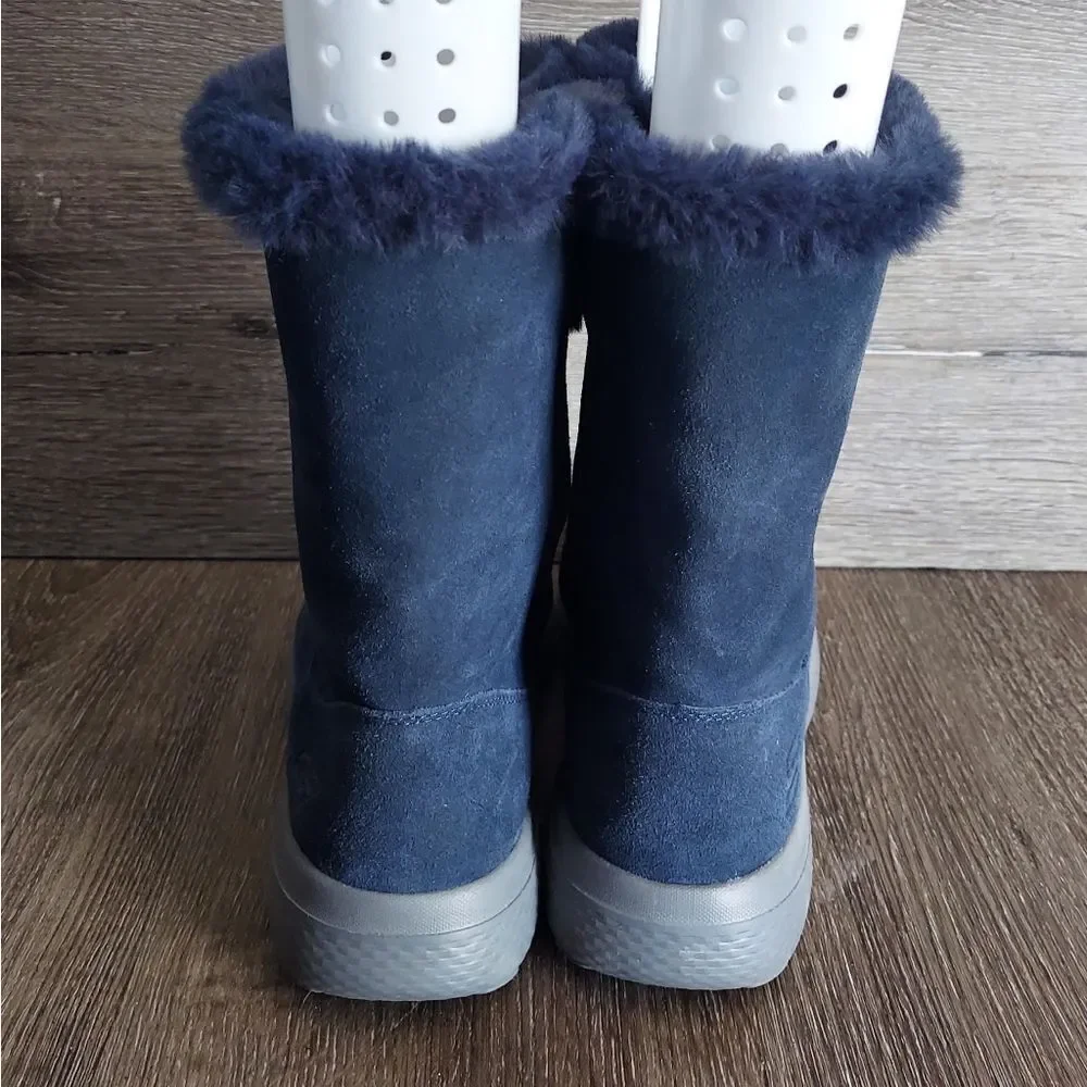 Skechers Goga Mat Comfort Navy Blue Suede Faux Fur Lined Winter Boots Size 10